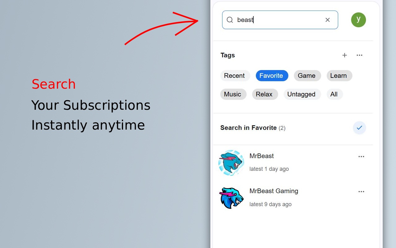 Search YouTube subscriptions instantly