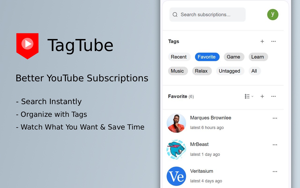 TagTube side panel interface showing organized YouTube subscriptions
