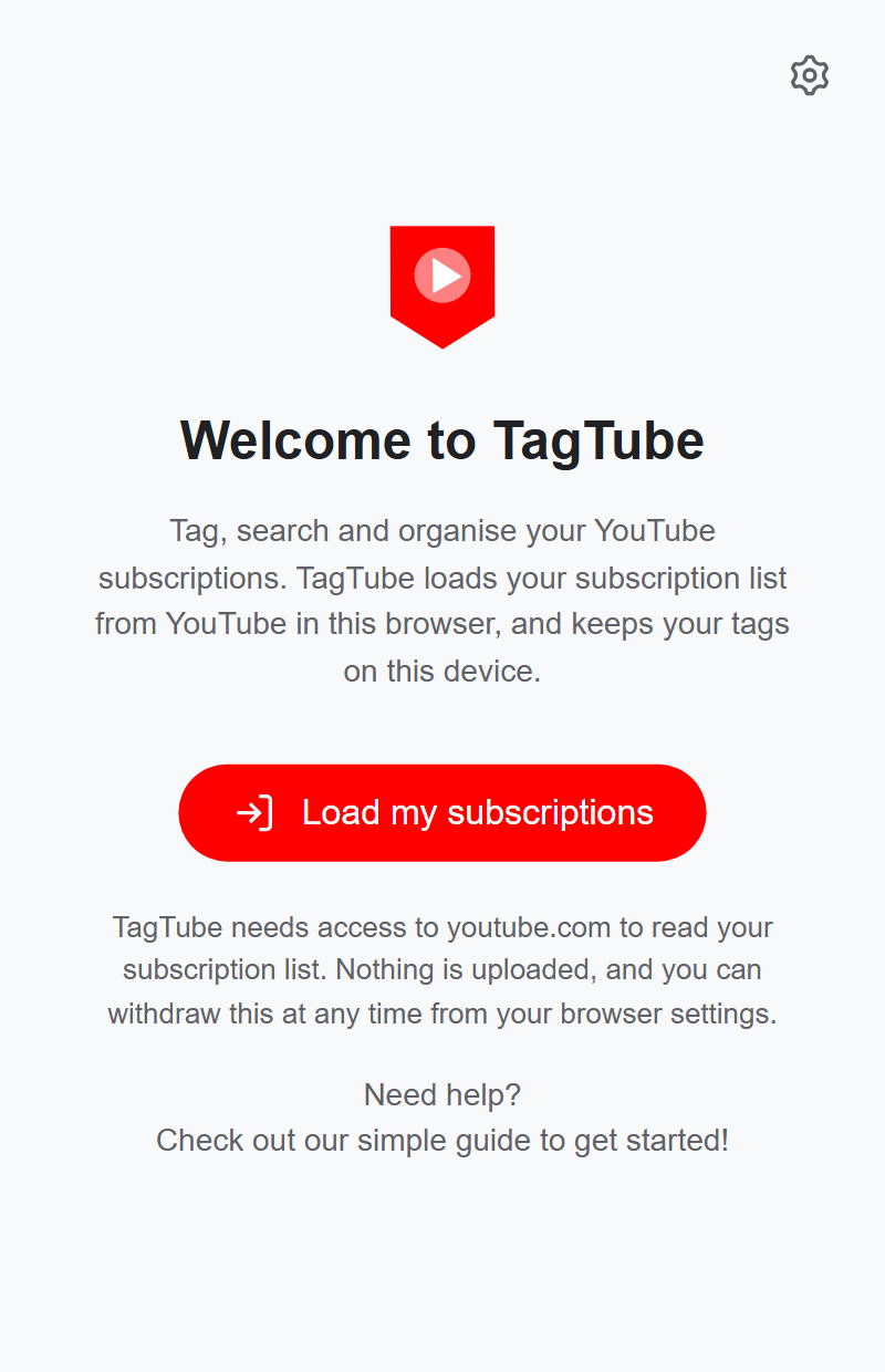 TagTube welcome page in the side panel